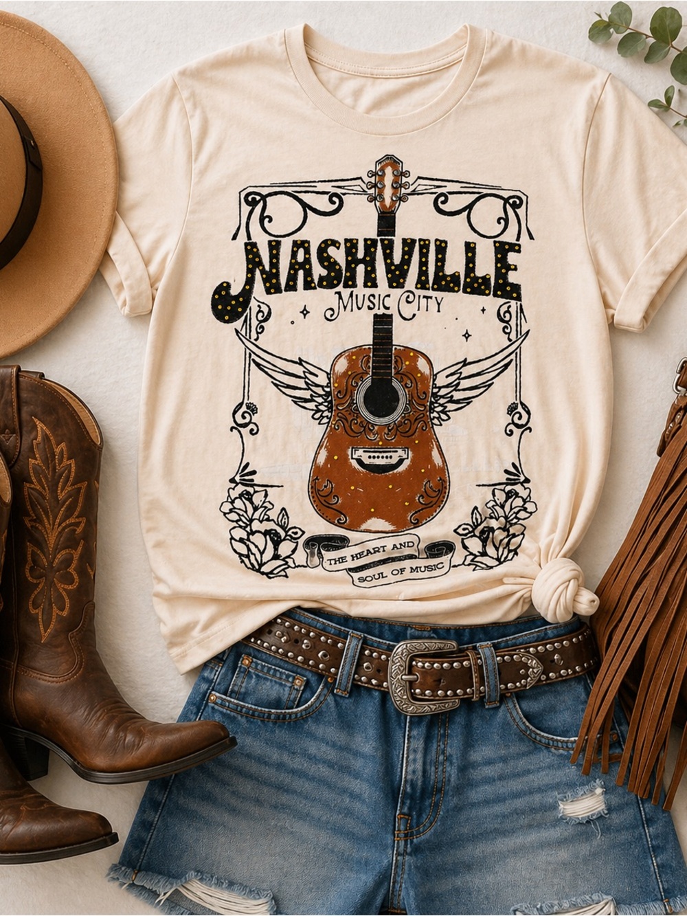 Nashville Music City Graphic Tee - Cream with Brown Guitar